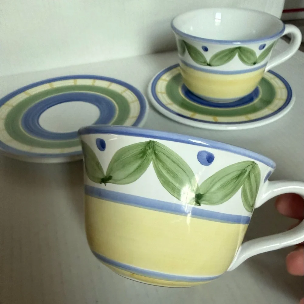 Williams-Sonoma Marisol Coffee Latte Mugs Cup 2pc Italy Ceramic With Saucers